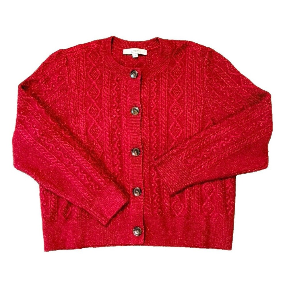 LOFT Classic Cable Knit Heathered Red Chunky Cardigan Sweater Size XL Preppy